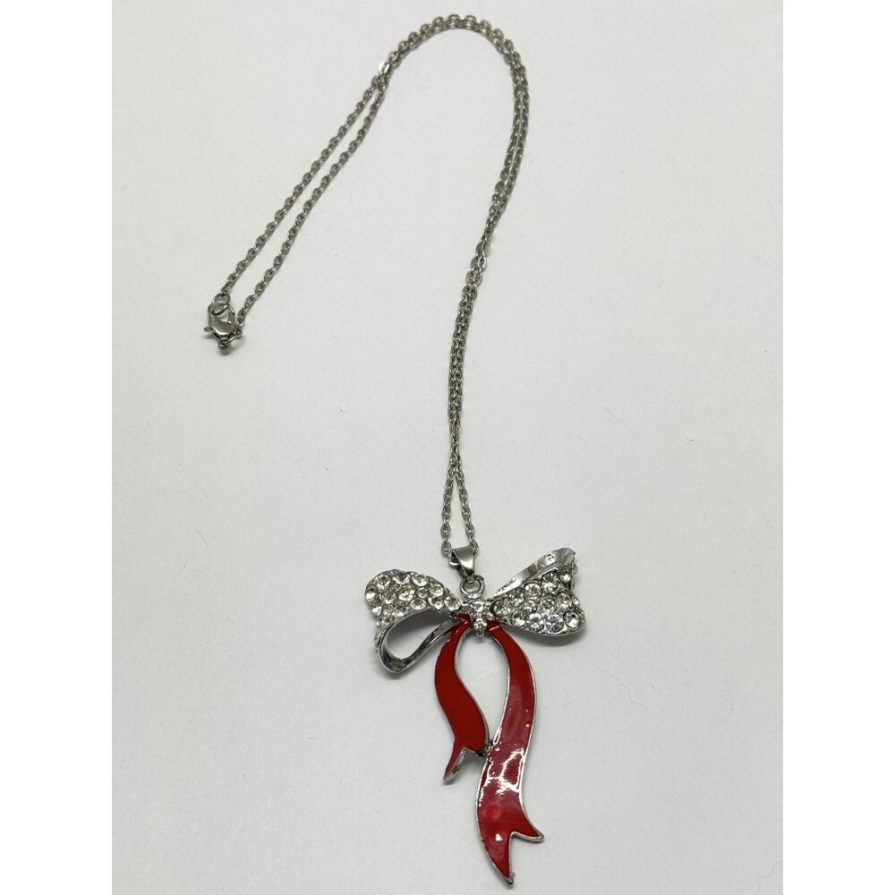 Red enamel rhinestone bow necklace